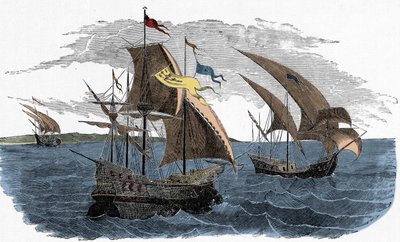 Cortezin laivasto purjehtii Meksikoon - Espanjan Amerikan kolonisaatio: Hernan Cortesin (noin 1485-1547) armada purjehtii Meksikoon tekijältä Unknown artist