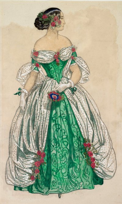 Puku (pitkä vihreä mekko, jossa on valkoiset purjeet), balettia "Perhoset" varten. tekijältä Unknown Artist