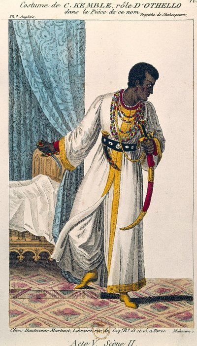 Koomikko Charles Kemblen (1775-1854) puku Othellon roolissa William Shakespearen (1564-1616) samannimisessä teoksessa 1800-luvun Pariisi. B N tekijältä Unknown artist
