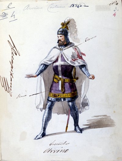 Giuseppe Verdin (1813 - 1901) vuonna 1843 säveltämä puku oopperaan "I Lombardi" tai "Les Lombards à la première Crusade". Nimetön akvarellipiirros. Alvino-hahmo esitykseen Scalassa Milanossa. tekijältä Unknown artist