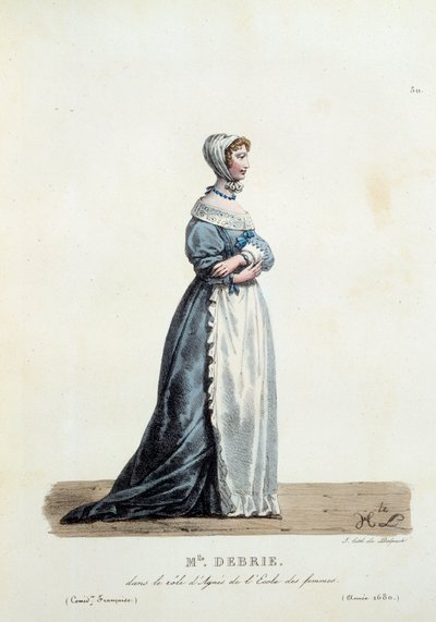 Neiti Debrien puku Agnes of Molieren "Naisten koulu" roolissa vuonna 1680. Hippolyte Lecomten (1781-1857) ranskalaisen komedian asu. Kaiverrus 1800-luvulta. Coll. Mennään. tekijältä Unknown artist