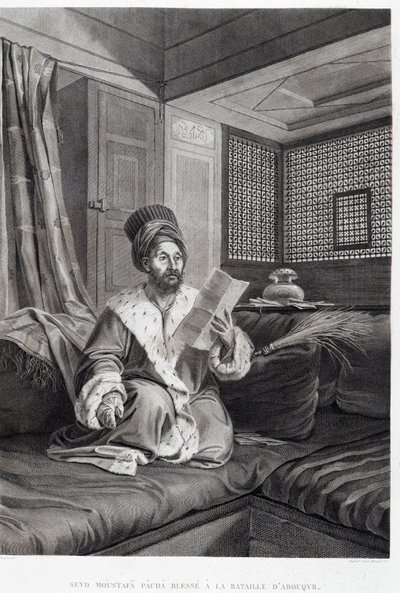 Puvut ja muotokuvat: Seyd Moustafa Pasha haavoittui Abouqyrin (Aboukir) taistelussa teoksessa "" Kuvaus Egyptistä", Imperial Publishing tekijältä Unknown artist