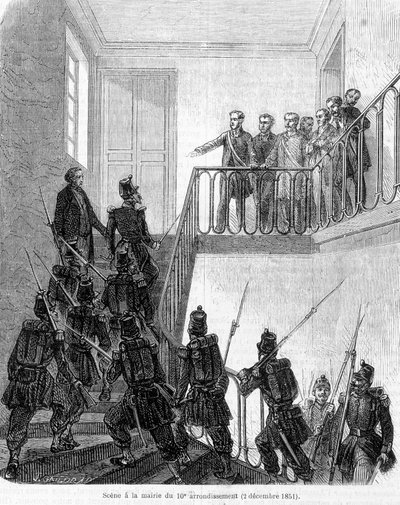 Vallankaappaus: kansanedustajien pidätys Pariisin 10. kaupunginosan kaupungintalolla 2. joulukuuta 1851. tekijältä Unknown artist
