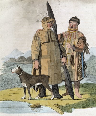 Pariskunta venäläisestä maakunnasta ja heidän koiransa - kaiverrus tekijältä Unknown artist