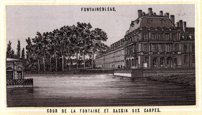 Fontainebleaun suihkulähteen ja Bassin des karppien tuomioistuin (Seine ja Marne, Ile-de-Francen alue, Ranska). 1800-luvun lopun kromolitografia. tekijältä Unknown artist