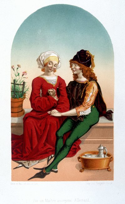 Kohtelias rakkauskohtaus keskiajalla. College - 1800-luvun jäljitelmä. tekijältä Unknown artist