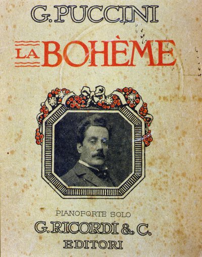 Puccinin (1858-1924) partituurin ”” La Bohème” kansikuva hänen muotokuvallaan. tekijältä Unknown artist