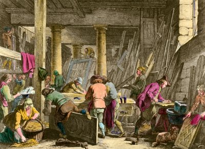 Käsityöt: "" Sieur Jadot -puusepän työpaja"" Työntekijät töissä 1700-luvulla. Kaiverrus 1800-luvulta. Yksityinen kokoelma tekijältä Unknown artist