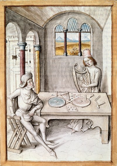 Käsityöt: harpputekijä. Instrumenttien valmistuspaja. Miniatyyri "The Fables of Bidpain" käsikirjoituksesta tekijältä Unknown artist