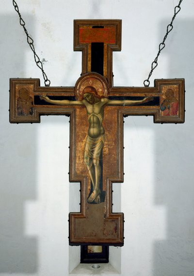 Ristiinnaulitseminen Anonyymi puumaalaus ristin selässä. 1400-luvun Varazze, Cappella del Castello Invrea Italia tekijältä Unknown artist