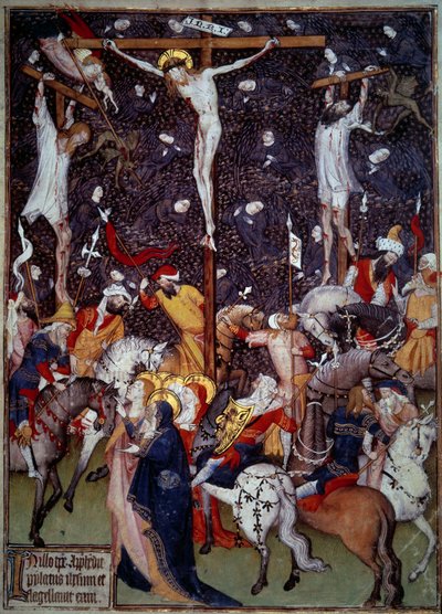 Ristiinnaulitseminen. Mustat enkelit lentävät vankien ruumiiden ympärillä. Roomalaiset hevosen selässä kääntyvät ristin ympäri pohtimaan kohtausta. Miniatyyri 1400-luvun käsikirjoituksesta. Paris, B.N. tekijältä Unknown artist