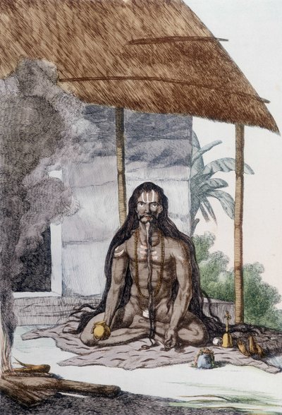Kulttuuri, sivilisaatio ja intialainen yhteiskunta: Fakirin (Faquir) muotokuva rukouksen aikana, Intia. Kaiverrus 1808. tekijältä Unknown artist