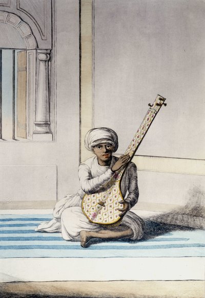 Kulttuuri, sivilisaatio ja intialainen yhteiskunta: Muusikko soittaa Thambourahia (Tamboura), perinteistä intialaista instrumenttia. Kaiverrus 1808. tekijältä Unknown artist