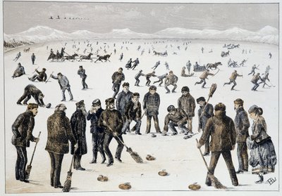 Curling jäätyneellä järvellä lähellä Halifaxia, Nova Scotia - "" Luonnokset kanadalaisista urheilu- ja ajanvietteistä", kirjoittaja Lieut. Henry Buckton Laurence tekijältä Unknown artist