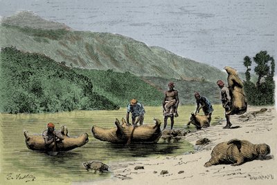 Tullit ja kuljetustavat: jokien ylittämiseen käytettyjen paisuneiden eläinten nahat. Kaiverrus 1800-luvulta tekijältä Unknown artist