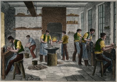 Ruokailuvälinepaja Ranskassa 1800-luvulla. Kaiverrus vuodelta 1885 kirjassa "Les arts et metiers illustres", kirjoittanut Adolphe BITARD. tekijältä Unknown artist