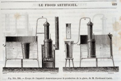 Jään tuotantoon tarkoitettujen kotimaisten laitteiden leikkaaminen, Ferdinand Carre - Louis Figuierin teoksessa "Les wonders de l