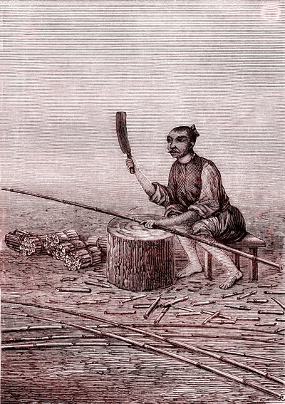 Bambun pikku palojen leikkaaminen, paperinvalmistus Kiinassa (3. vuosisata eKr.) (kaiverrus). tekijältä Unknown Artist