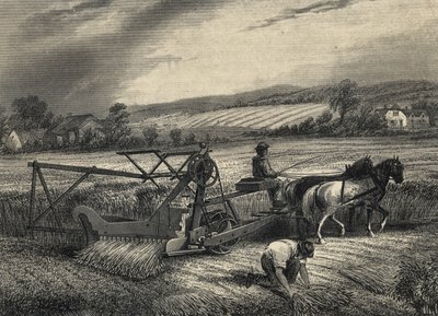 Cyrus McCormickin niittokone vuodelta 1831, esillä Crystal Palace -näyttelyssä vuonna 1851. tekijältä Unknown artist