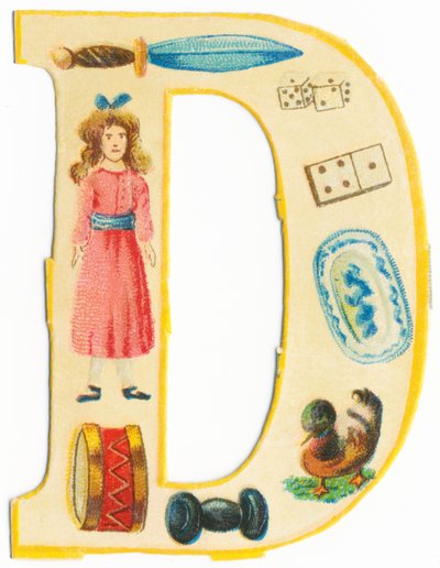 D: tikari, nukke, noppa, domino, rumpu, lautanen, käsipaino, ankka (värinen lito) tekijältä Unknown artist