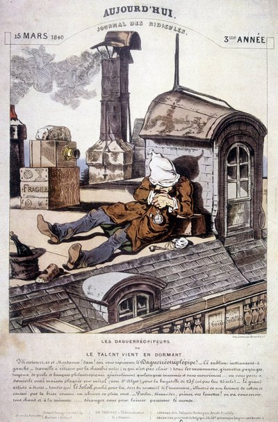 Daguerreopipers tai Talent tulee nukkumaan. Ironinen artikkeli uutta valokuvaajan ammattia vastaan. Teoksessa "" Tänään, pilkantekopäiväkirja"", 15.3.1840. tekijältä Unknown artist