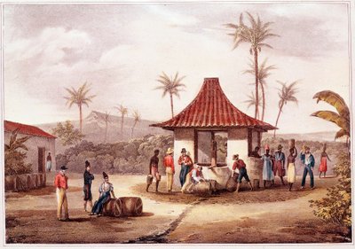 Arkielämää Kap Verdellä (Kap Verde) Kylän asukkaat, jotka ylittävät suihkulähteen. 1800-luvun litografia. Outremerin Lissabonin historiallinen arkisto tekijältä Unknown artist