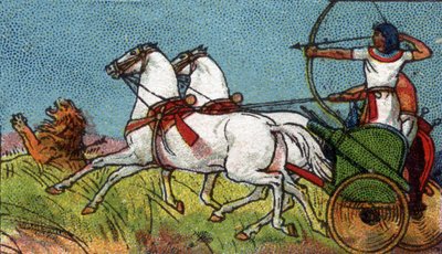 Arkielämää muinaisessa Egyptissä: faarao jahtaa leijonaa, 1900-luvun alku (chromo) tekijältä Unknown Artist