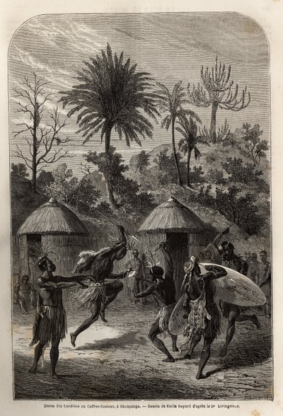 Landiinien tai Zulu-kahvireiden tanssi Shoupangassa (Zambeze-joen oikealla rannalla). Kaiverrus havainnollistamaan tohtori Livingstonen ensimmäisiä matkoja Etelä-Afrikkaan vuosina 1840-1856 "Le tour du monde, nouveau journal des voyages" -julkaisussa, joka tekijältä Unknown artist