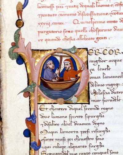 Dante Alighieri: Jumalallinen näytelmä (jumalallinen komedia) Kiirastulen alku. Dante ja Vergilius. 1300-luvun käsikirjoitus. Milanon raamattu. Trivulziana tekijältä Unknown artist