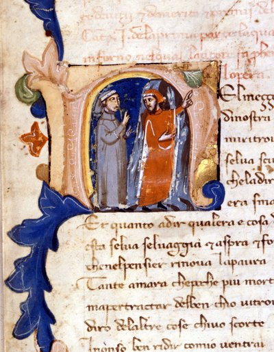Dante ja Virgil helvetin sisäänkäynnillä. (lettrine "" N "") Incipit of Hell of a Divina Commedia (jumalallinen komedia) 1300-luvun Milanossa, Trivulzian kirjasto. (Keskellä elämämme matkaa...) tekijältä Unknown artist