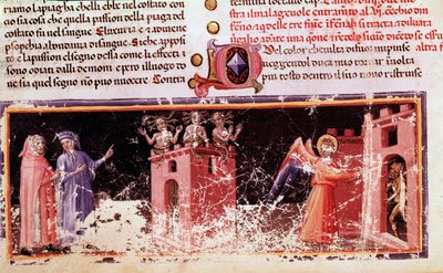 Dante ja Virgil Diten portilla, jota raivot hallitsevat (helvetin laulu 9 jumalallisessa näytelmässä) - miniatyyri tekijältä Unknown artist
