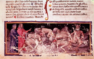 Dante ja Virgil ahneiden ja tuhlaajien kanssa (laulu 7 helvetistä jumalallisessa näytelmässä) - miniatyyri tekijältä Unknown artist