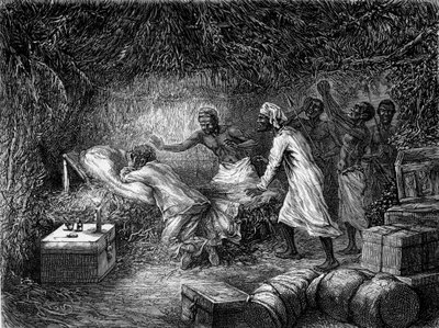 David Livingstone kuoli punatautiin Tchitammbon kylässä vuonna 1873 - "" Livingstonen viimeinen matka 1866-1873"" "" Tour du Monde "", 2. sem. 1875 tekijältä Unknown artist