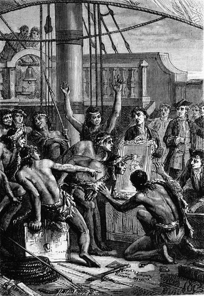 Intian löytö: Wallisin matka Tyynellämerellä; Intiaanit löytävät peilin - Jules Vernen teoksessa Les Voyageurs du 18th et 19th ecle, toim. Hetzel et Cie, Pariisi. tekijältä Unknown artist