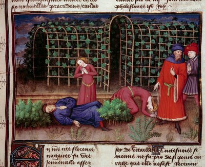 Kuolema Kaksi ihmistä kuoli kuoleman seurauksena. Miniatyyri Jean Boccacen (Giovanni Boccaccio) (1313-1375) Le Decameronista 1450 Pariisi, Arsenaalin kirjasto tekijältä Unknown artist