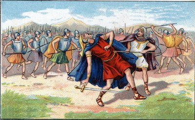 Judas Maccabee (Maccabee tai Maccabee) tai Yeouda Hamakabi juutalaisen soturin (200-160 eKr.) kuolema. 1800-luvun kromolitografia tekijältä Unknown artist