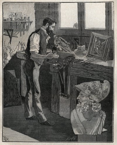 Hopeakoristelu: pronssitaltta. Kaiverrus vuodelta 1885 kirjassa "Les arts et metiers illustres", kirjoittanut Adolphe BITARD. tekijältä Unknown artist