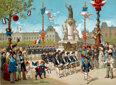 Saastuta koulupataljoonien lapset Place de la Republiquella 14.7.1883 Pariisissa. Litografia 1800-luvun Pariisista, Musee Carnavalet tekijältä Unknown artist