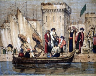 Algerin maurien lähtö ranskalaisten kolonisaation jälkeen. Ikä tai sairas mies lastataan veneeseen. 1800-luvulla tekijältä Unknown artist
