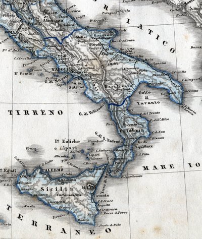 Yksityiskohta maantieteellisestä kartasta, joka edustaa Etelä-Italiaa (Campania, Calabria, Sisilia, Puglia, Molise Abruzzo). 1800-luvulla tekijältä Unknown artist