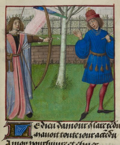 Detaliu al unei miniaturi cu Amour (Dragoste) care vizează Iubitul cu arc și săgeți, din finlandeză „Le Roman de la Rose” tekijältä Unknown artist