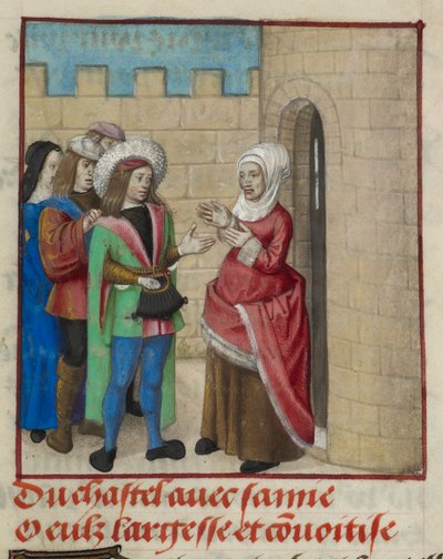 Yksityiskohta Convoitisen (Ahneus) ja Largessen (Anteliaisuus) miniatyyri saapumassa linnaan Le Roman de la Rosesta tekijältä Unknown artist