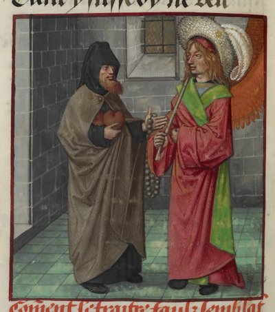 Detaliu al unei miniaturi cu Faux Semblant (False Seming) care ține inimioare și Amour (Dragoste) din finlandeză „Le Roman de la Rose” tekijältä Unknown artist