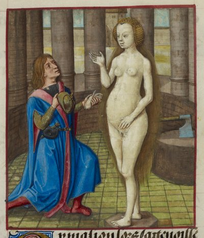 Yksityiskohta Pygmalionin pienoismallista polvillaan, joka pyytää anteeksi patsaalta. tekijältä Unknown artist