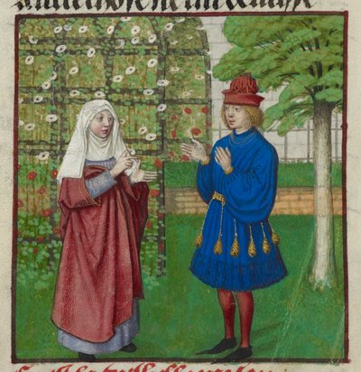 Yksityiskohta Raisonin (Syy) pienoismallista, joka neuvoo rakastajaa Le Roman de la Rosesta tekijältä Unknown artist