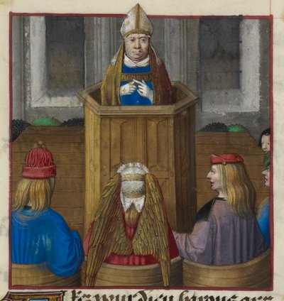 Yksityiskohta miniatyyrikuvasta papista, joka saarnaa Venuksen armeijalle, Le Roman de la Rosesta tekijältä Unknown artist
