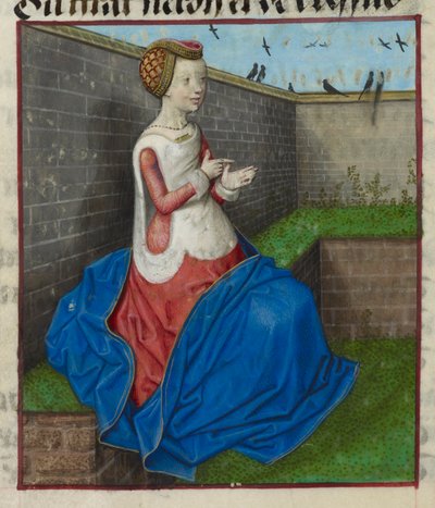 Yksityiskohta istuvasta naisesta aidatussa puutarhassa, joka laskee sormillaan, Le Roman de la Rosesta tekijältä Unknown artist