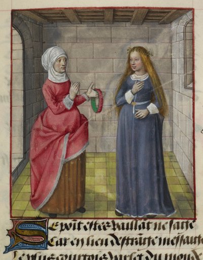 Yksityiskohta pienoiskoosta la Vieillestä (Duenna) ja Bel Accueilista (Fair Welcome), Le Roman de la Rosesta tekijältä Unknown artist
