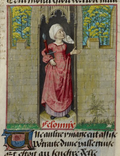 Yksityiskohta Feloniyen (Rikos) allegorisen hahmon pienoismallista folion ensimmäisessä sarakkeessa, Le Roman de la Rose tekijältä Unknown artist