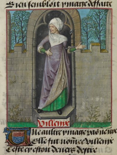 Yksityiskohta Vilenien (Villainy) allegorisen hahmon pienoismallista folion toisessa sarakkeessa "Le Roman de la Rose" tekijältä Unknown artist